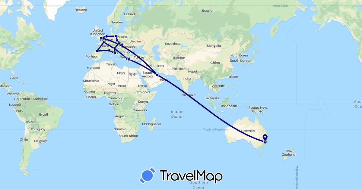 TravelMap itinerary: driving in Austria, Australia, Czech Republic, Germany, Spain, France, United Kingdom, Greece, Hungary, Italy, Netherlands, Qatar (Asia, Europe, Oceania)